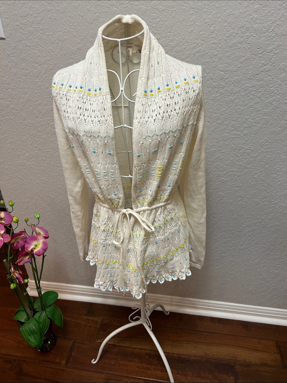 Cream Open Front Knit Cardigan with Yellow & Blue Accents by Antropologie